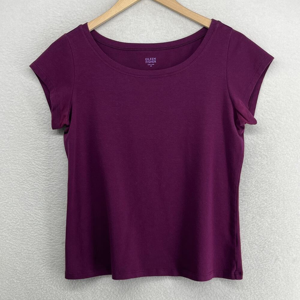 EILEEN FISHER Top M Stretch Organic Cotton Scoop Neck Cap Sleeve Purple USA